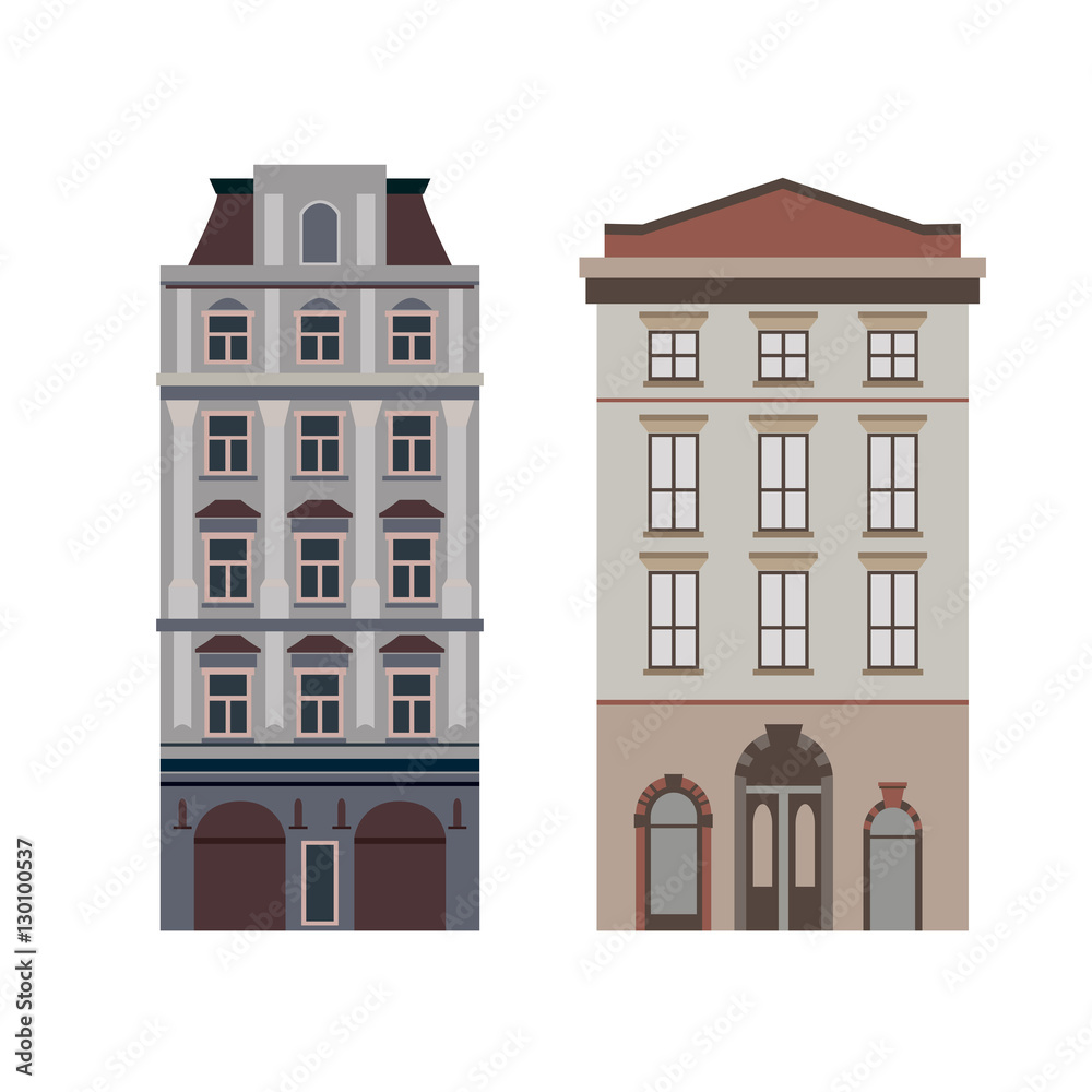Beautiful detailed linear cityscape collection with townhouses. Small town street  victorian building facades. Template for web, graphic, game and motion design. Vector illustration