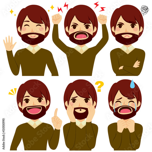 Cute hipster young man set with six different expressions
