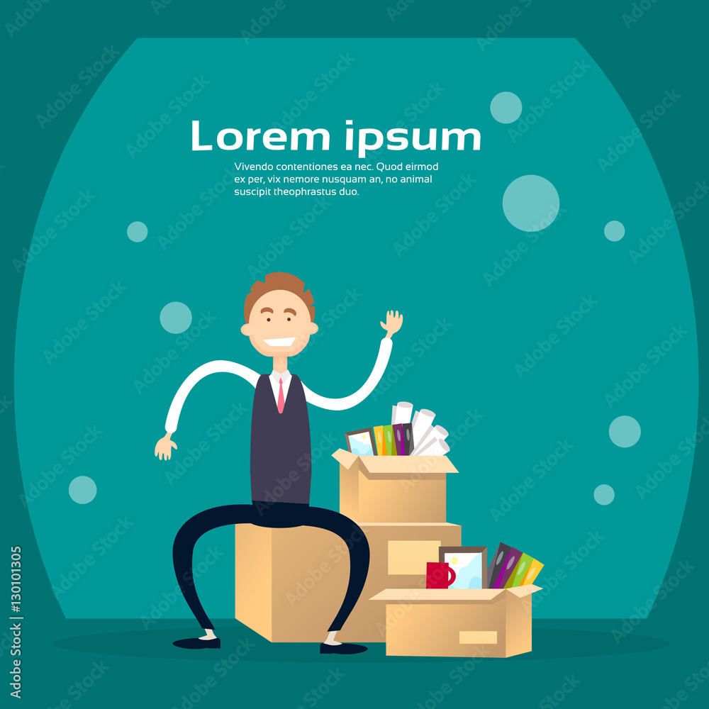Business Man Box With Office Stuff Recruitment New Job Position Vacancy Flat Vector Illustration Business Man Box With Office Stuff Recruitment New Job Position Vacancy Flat Vector Illustration