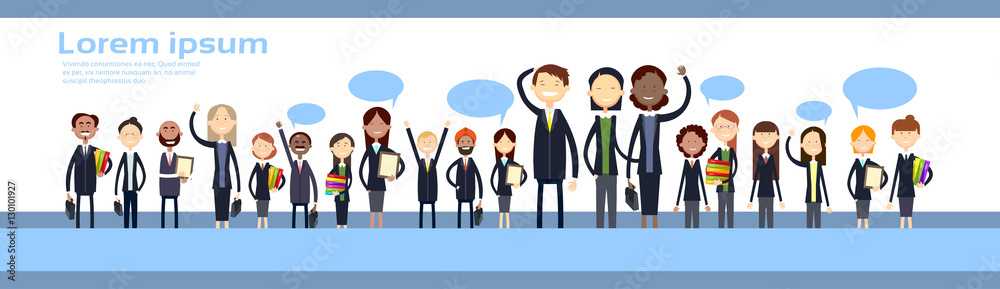 Ethnic Business People Group Full Length Mix Race Businessman And Businesswoman Team Flat Vector Illustration