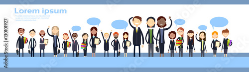 Ethnic Business People Group Full Length Mix Race Businessman And Businesswoman Team Flat Vector Illustration