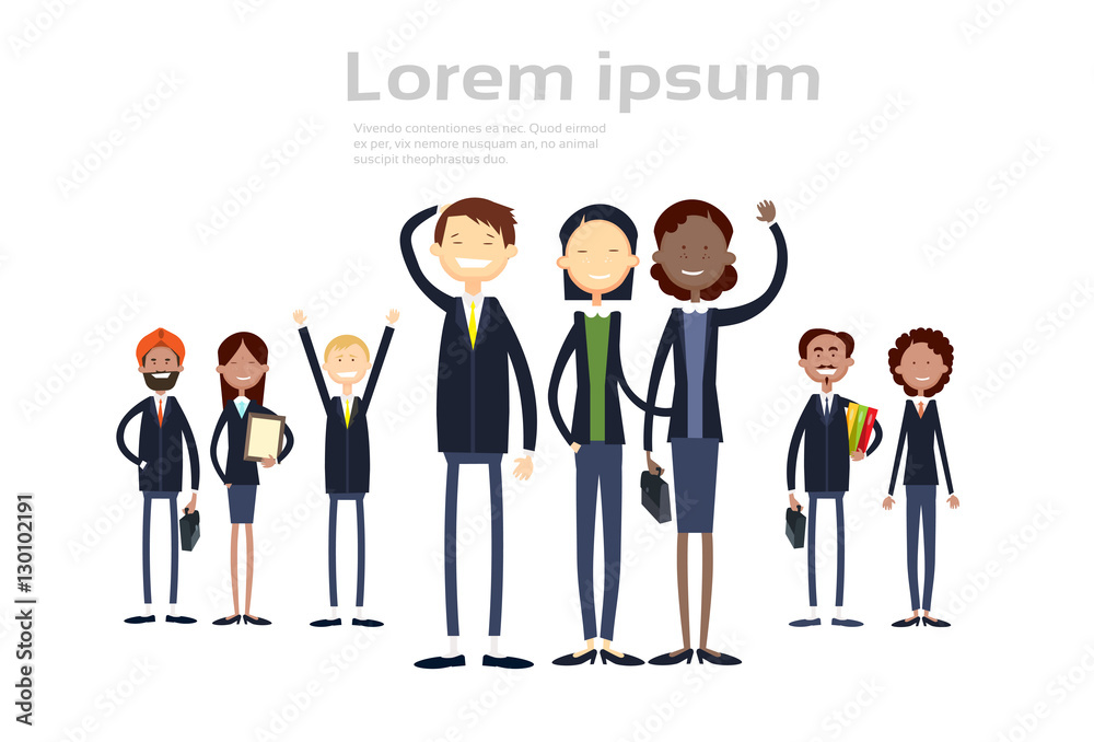 Ethnic Business People Group Full Length Mix Race Businessman And Businesswoman Team Flat Vector Illustration