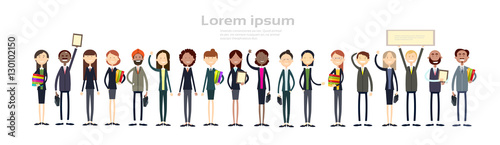 Ethnic Business People Group Full Length Mix Race Businessman And Businesswoman Team Flat Vector Illustration