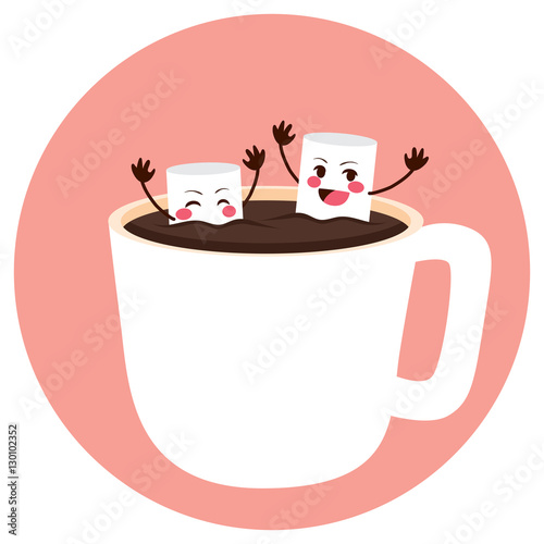 Cute marshmallow friends having fun bathing on cocoa cup