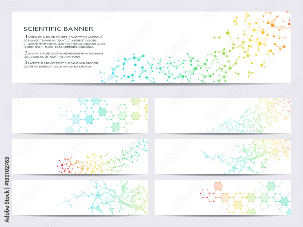 Set of modern scientific banners. Molecule structure DNA and neurons. Abstract background. Medicine, science, technology. Vector illustration for your design.