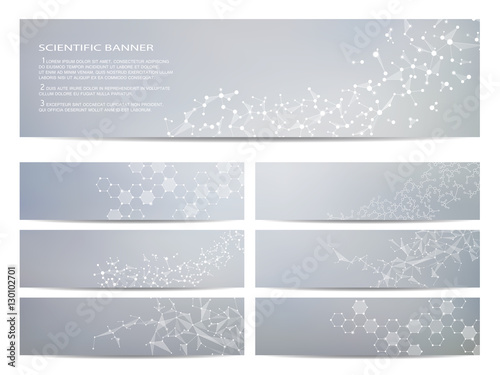 Set of modern scientific banners. Molecule structure DNA and neurons. Abstract background. Medicine, science, technology. Vector illustration for your design.