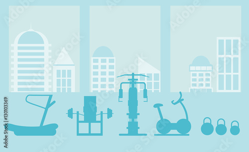 fitness gym interior template with sports equipments and cardio equipment, exercise bike, treadmills, elliptical trainers, . Fitness concept with sport Club in flat style. Blue silhouette.