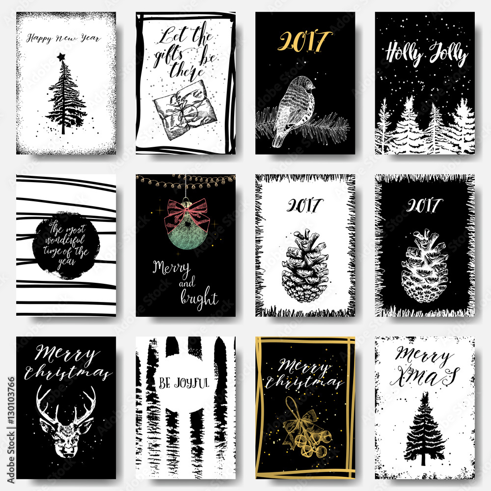 Hand drawn Christmas greeting card set. Vector illustration. Hand drawn Christmas greeting card set. Vector illustration.