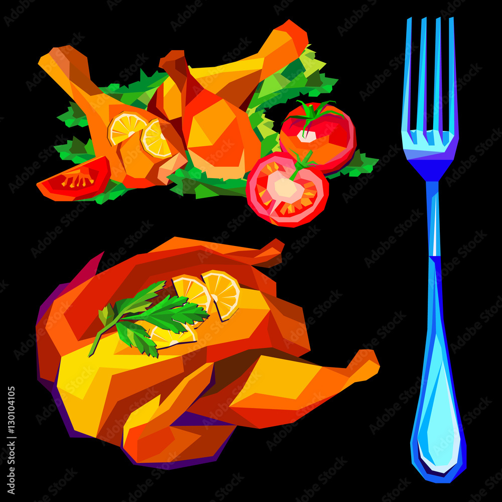 chicken, dinner, baked, fish, vector, seafood, sea Stock Vector | Adobe