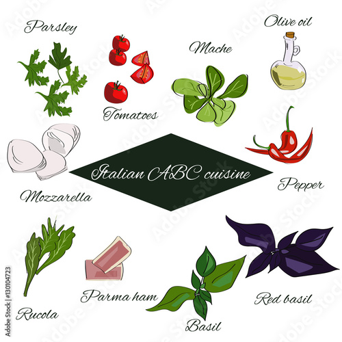 Italian ABC cuisine. Spices annd herbs and basic products of Italian cuisine.