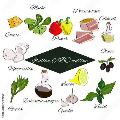 Italian ABC cuisine. Spices annd herbs and basic products of Italian cuisine.
