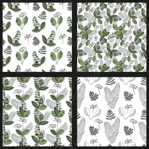 Scandinavian vector floral seamless pattern set. Simple hand drawn elements patterns collection in nordic style. Reapiting tileable compositions for your design.