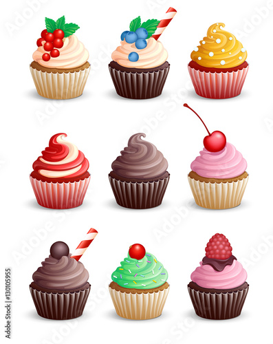 Set cupcakes on a white background. Isolated. Sweet pastries decorated with cherry,  bilberry, raspberries, candy, mint, chocolate and cowberry. Vector illustration. 3D.