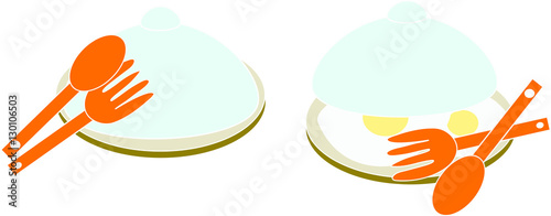 fried eggs in a plate with a cover, fork and spoon