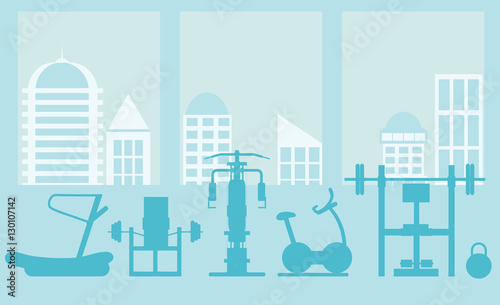 fitness gym interior template with sports equipments and cardio equipment, exercise bike, treadmills, elliptical trainers, . Fitness concept with sport Club in flat style. Blue silhouette.