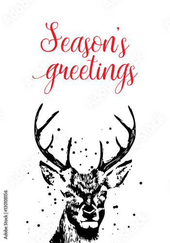 Merry Christmas and Seasons Greetings card with brush calligraphy and handdrawn dear. Vector. photo