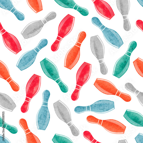 Seamless pattern with colorful watercolor bowling pins. Vector bowling background.  