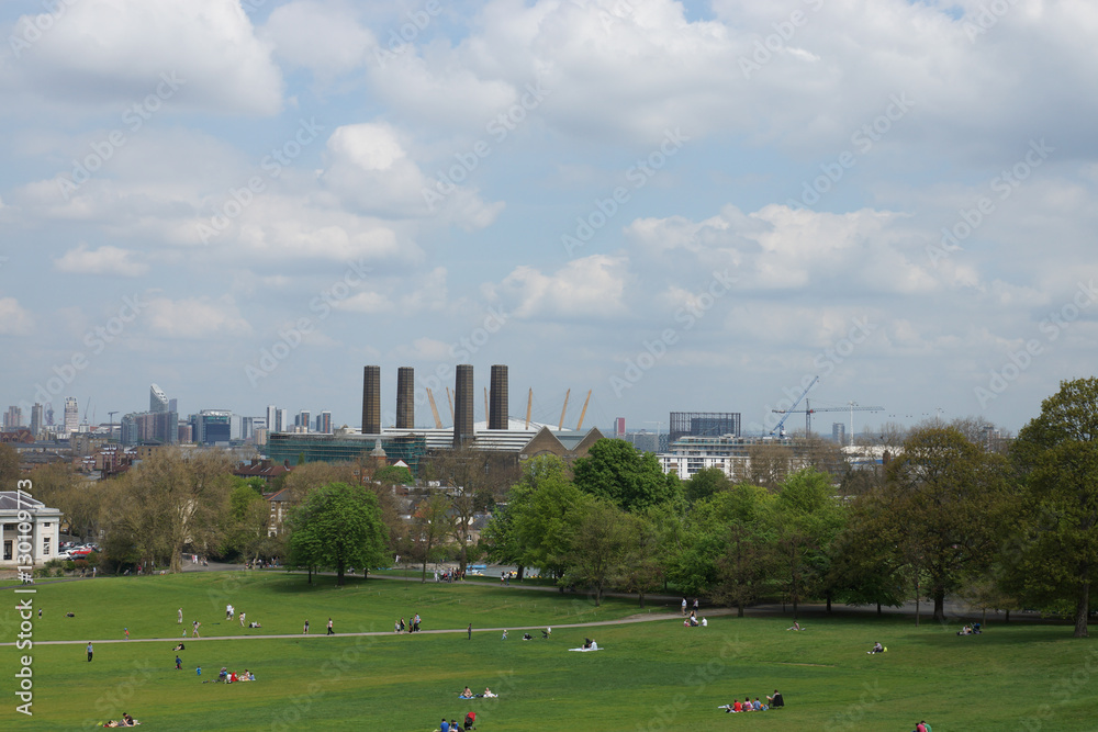 View of East London with O two arena and Greenwich park, UK.