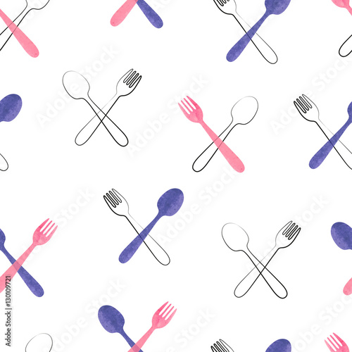 Watercolor cutlery seamless pattern in pink and purple colors. Vector background with crossed spoons and forks.