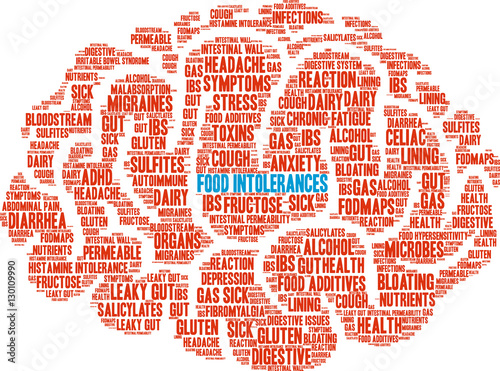 Food Intolerances word cloud on a white background. 