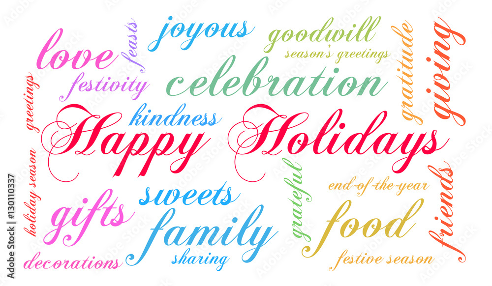 Happy Holidays word cloud on a white background. 