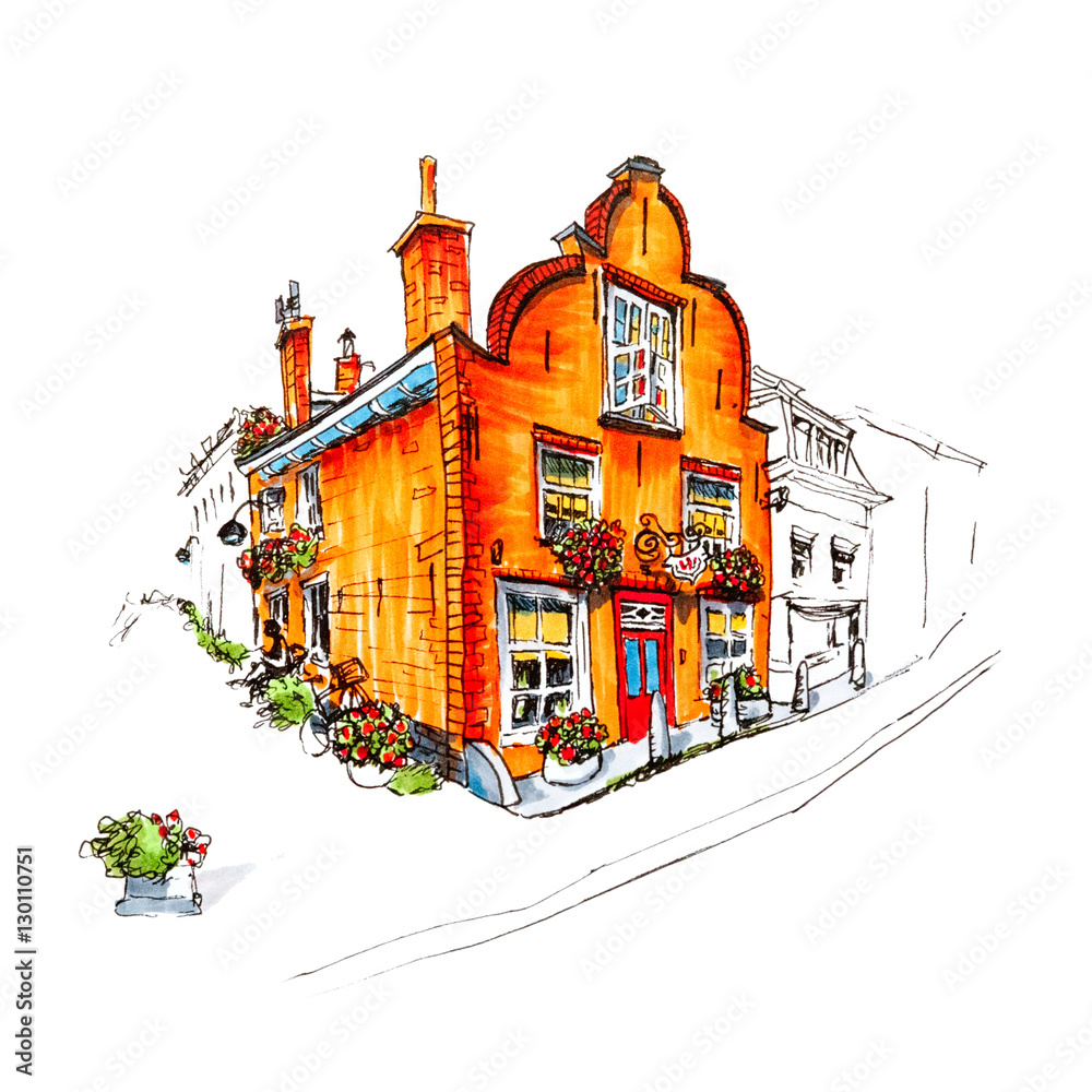 Naklejka premium Color hand drawing, scenic city view of Delft with beautiful medieval house, Holland, Netherlands. Picture made liner and markers