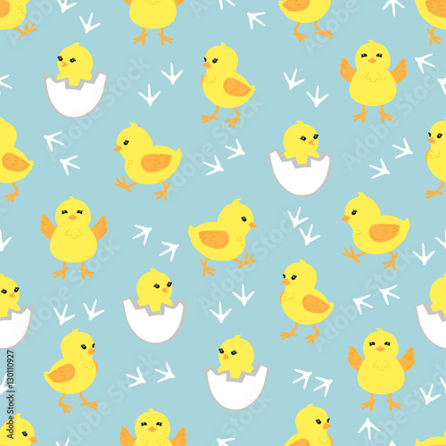 Baby background with cute little chickens. Seamless pattern with yellow chicks in different poses. Vector illustration. 