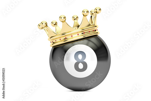 Billiard black eight ball with golden crown, 3D rendering photo