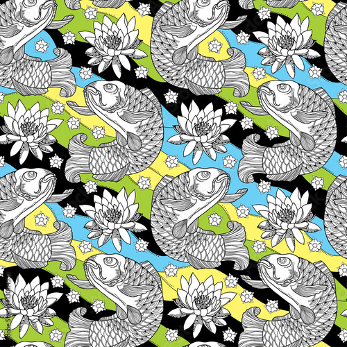 Vector seamless pattern with outline koi carp and lotus or water lily on the background in black, yellow, green and blue. Marine background with Japanese ornate fish and flower in contour style.