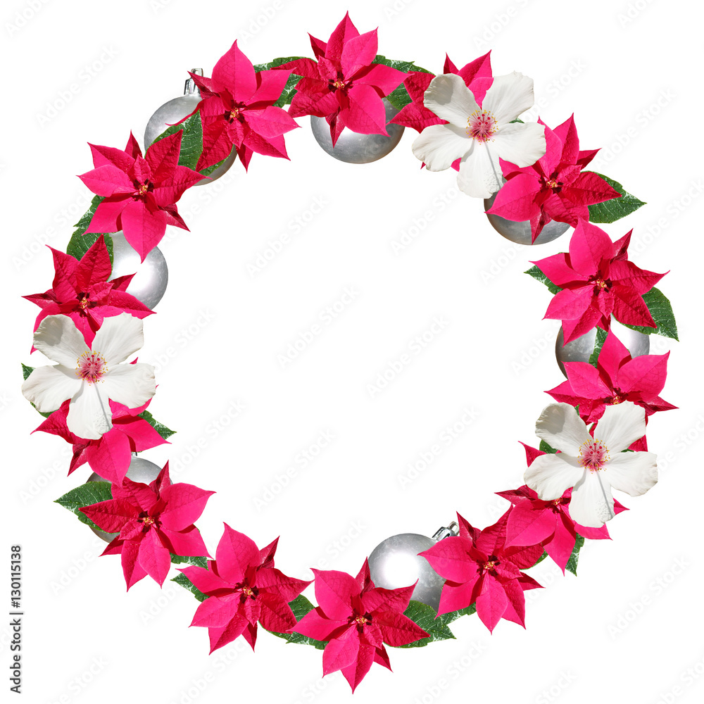 Christmas wreath from poinsettia, hibiscus and silver ball 