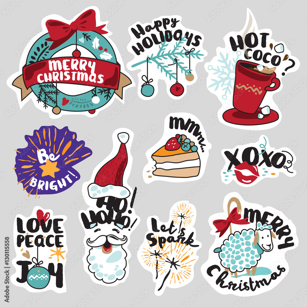 Christmas and New Year social media stickers set. Isolated vector illustrations for social media communication, networking, website badges, greeting cards.  
