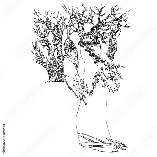 Woman in wreath of flowers and long shirt looking at herself in mirror in forrest. World of Woman graphical art series. Vector Illustration
