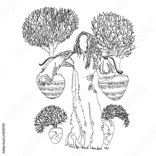 Woman carrying pots with trees on her shoulders. World of Woman graphical art series. Vector Illustration