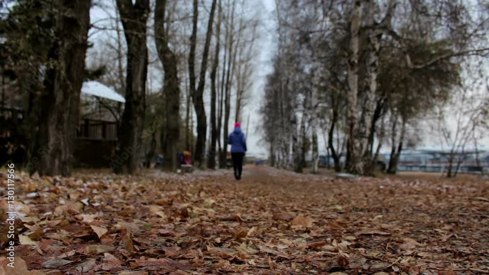 Girl running in autumn park during cold cloudy day. Woman exercising outdoors Girl running in autumn park during cold cloudy day. Woman exercising outdoors