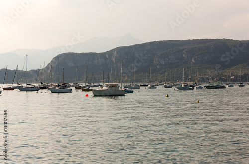 Sailboats at Porto di Bardolino harbor on The Garda Lake . Italy