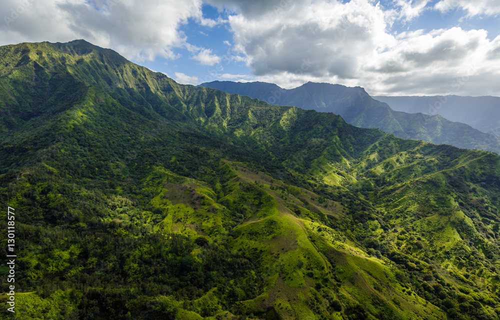 Green, vegetated landscape of Kauai, Hawaii. Aerial shot from a helicopter.