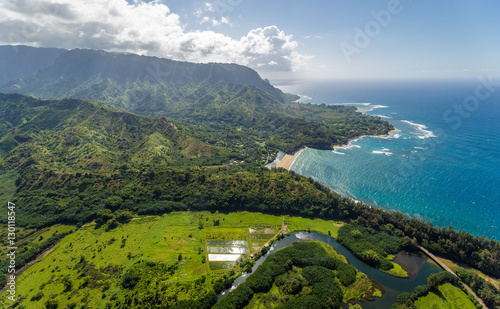 Aerial view from a helicopter at Kolokolo Point, Kauai, Hawaii. Lumahai River, Wainiha and Wainiha Beach at the Pacific Ocean can be seen. photo