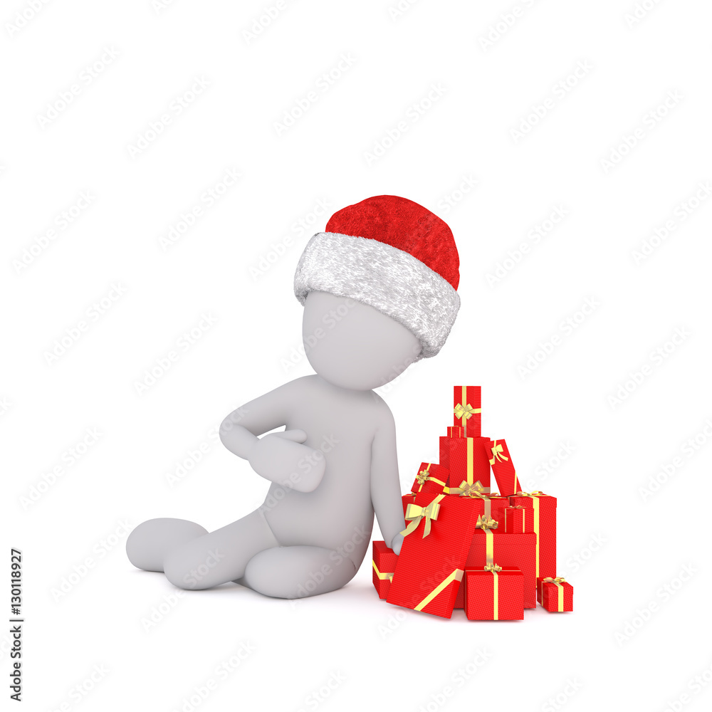 3d man sitting next to a pile of Christmas gifts 3d man sitting next to a pile of Christmas gifts