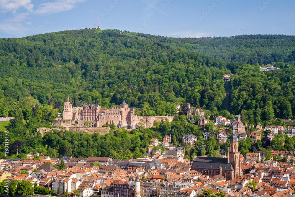 Heidelberg in Summer with a view on the castle and the Church of the Holy Spirit (Heiliggeistkirche), shot from Philosophenweg.
