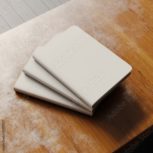 Concept of three blank notebook with craft paper cover on wooden desk. Empty horizontal mockup. 3d rendering