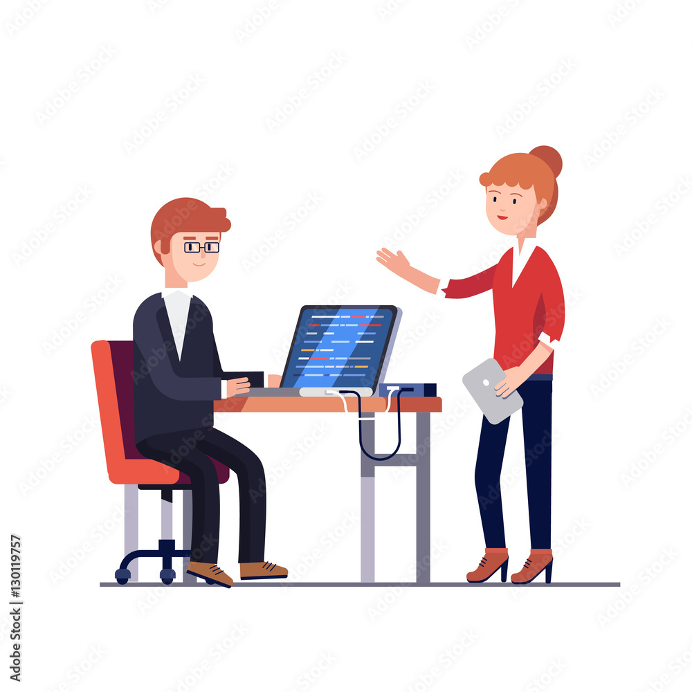 Project manager woman talking to a programmer man Project manager woman talking to a programmer man