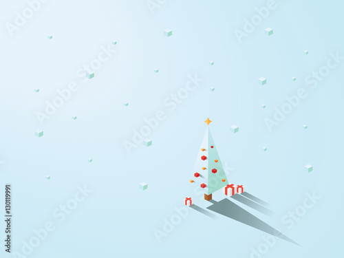 Christmas tree in modern minimalistic isometric polygonal geometric style. White background with snowing.