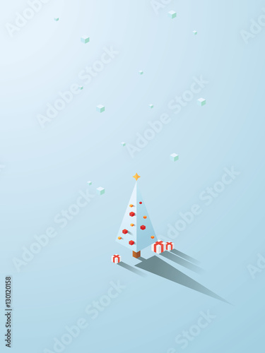 Christmas tree in modern minimalistic isometric polygonal geometric style. White background with snowing. © jozefmicic