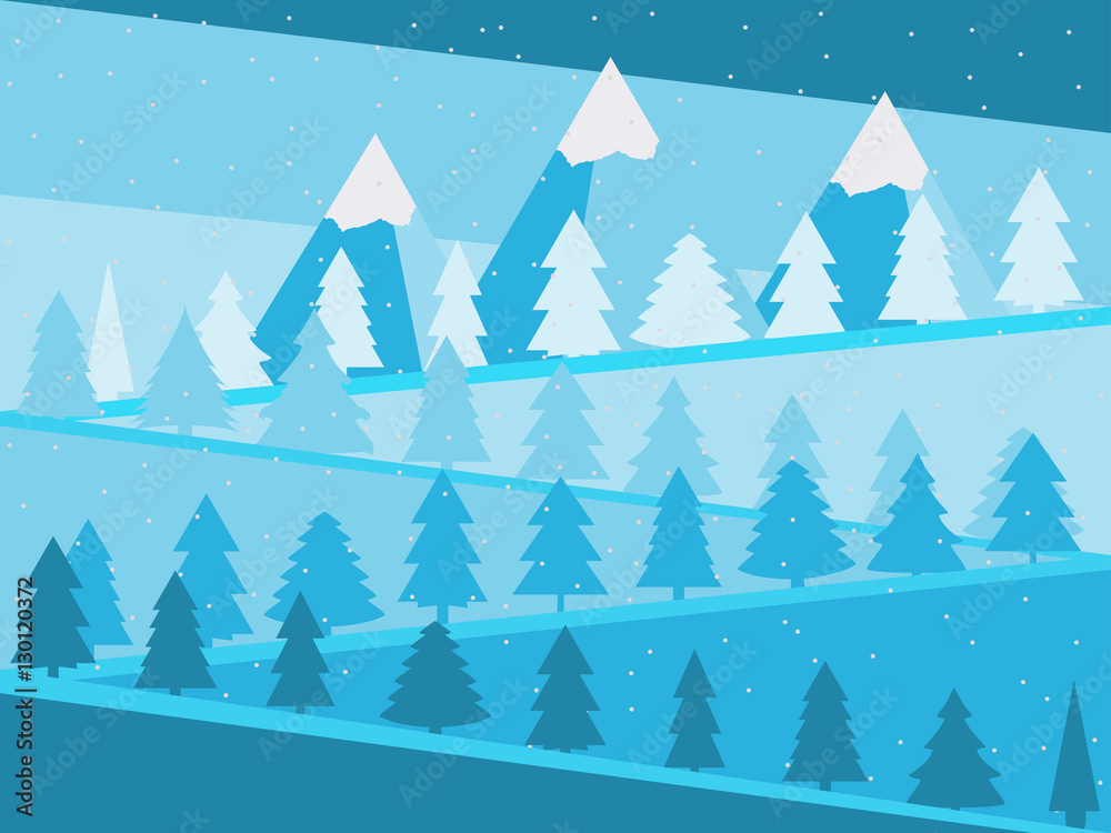 Mountain landscape with Christmas trees. Snowy peaks flat design. Vector illustration.