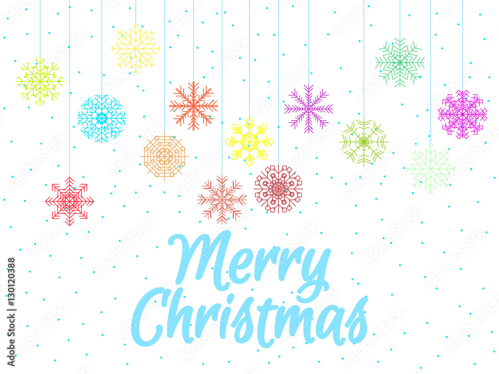 Merry Christmas. Background with multi-colored snowflakes. Hanging Snowflakes. Vector illustration.