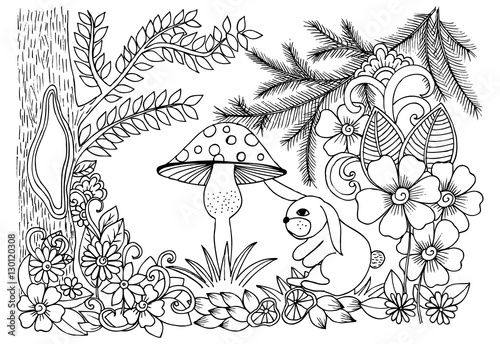 Magical forest in black and white. Floral doodles and bunny unde