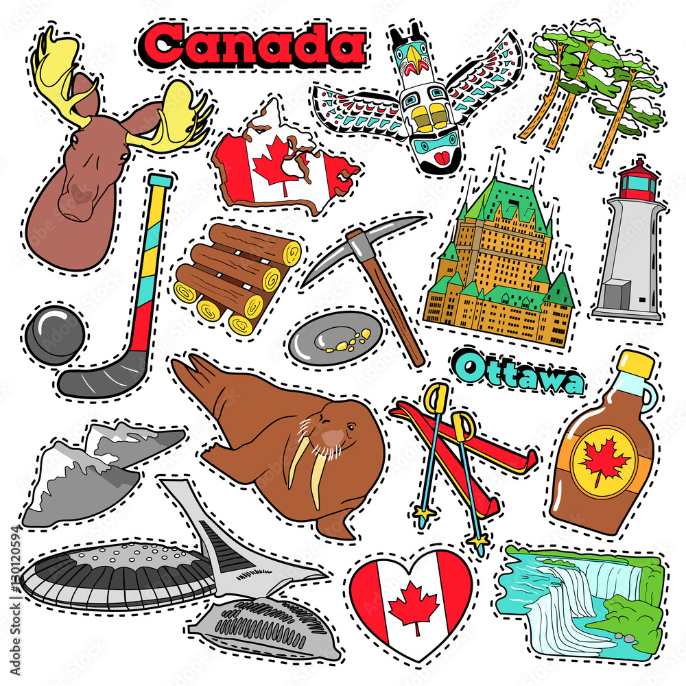 Canada Travel Scrapbook Stickers, Patches, Badges for Prints with Maple  Syrup, Niagara Falls and Canadian Elements. Comic Style Vector Doodle Stock  Vector | Adobe Stock
