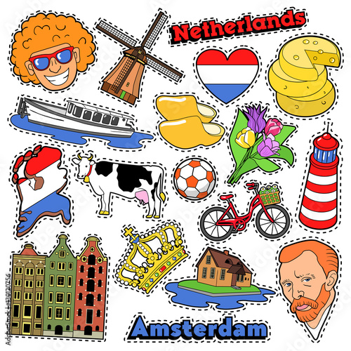 Netherlands Travel Scrapbook Stickers, Patches, Badges for Prints with Clogs, Cheese and Holland Elements. Comic Style Vector Doodle