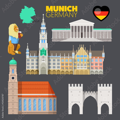 Munich Germany Travel Doodle with Munich Architecture, Lion and Flag. Vector illustration photo