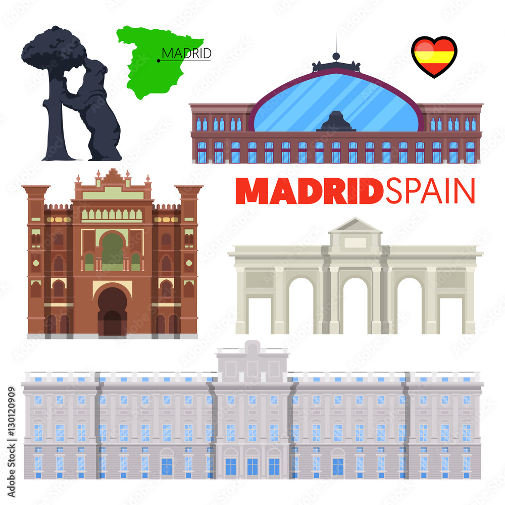 Obraz premium Madryt Hiszpania Travel Doodle z architekturą Madrytu, bramą Alcala i flagą. Ilustracji wektorowych